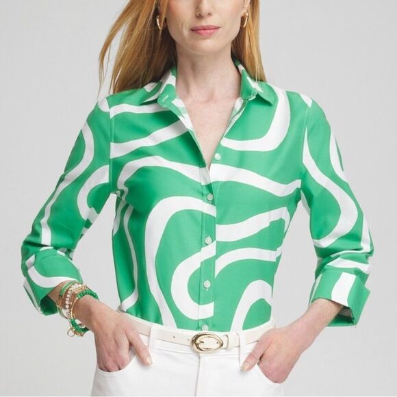 Chico’s‎ No Iron™ Stretch Lines 3/4 Shirt Grassy Green Size 0 NWT in packaging - Picture 1 of 8
